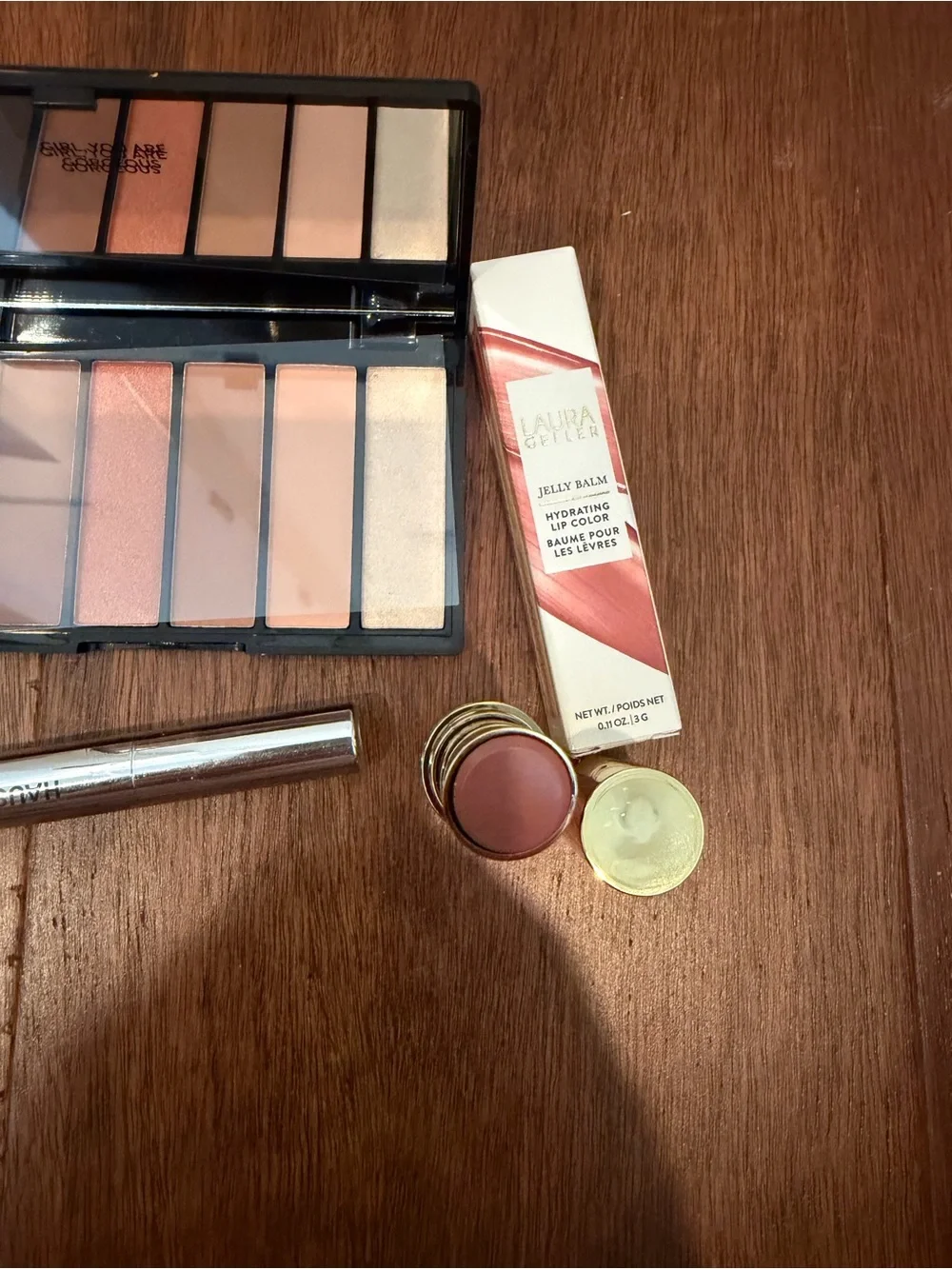 Laura Geller shadow palette, nars lip, Laura Geller gloss, haus mascara